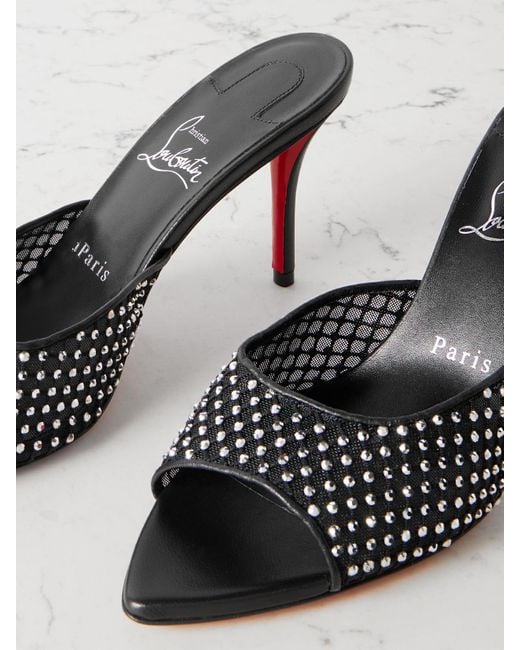 Christian Louboutin Black Apostropha 80 Crystal-Embellished Leather-Trimmed Mesh Mules