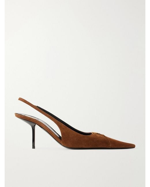 Saint Laurent Brown Babylone Glossed-Leather Slingback Pumps