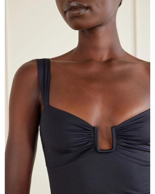 Away That Day Blue Cannes Embellished Gathered Swimsuit