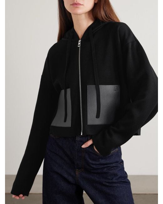 Loewe Black Leather-Trimmed Wool-Blend Hoodie