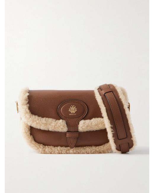 Bally Brown Shearling-Trimmed Leather Shoulder Bag