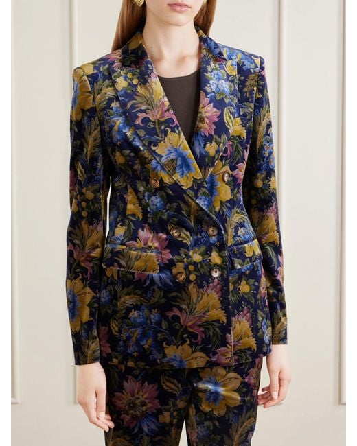 Etro Blue Double-Breasted Floral-Print Stretch-Cotton Velvet Blazer