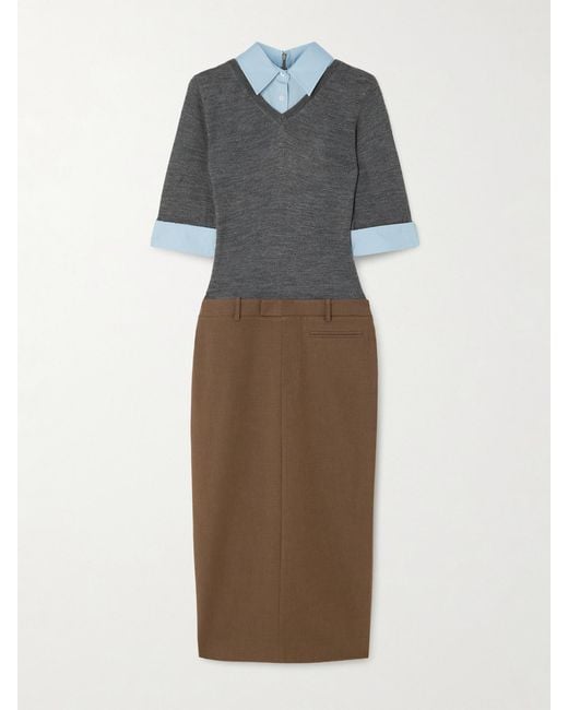 Staud Brown Geo Layered Cotton-Blend Poplin-Trimmed Twill And Wool-Blend Midi Dress