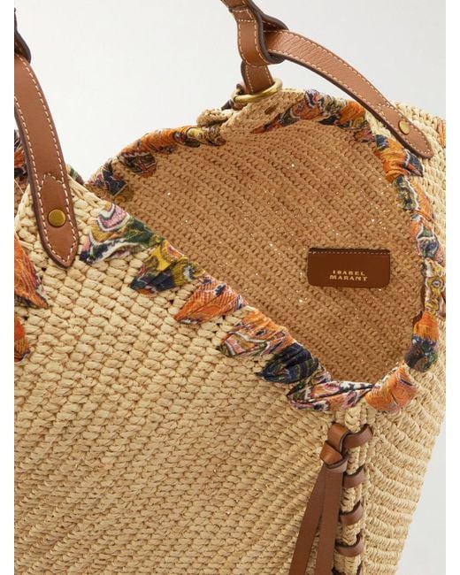 Isabel Marant Natural Tampa Whipstitched Leather And Printed Silk-Trimmed Raffia Shoulder Bag