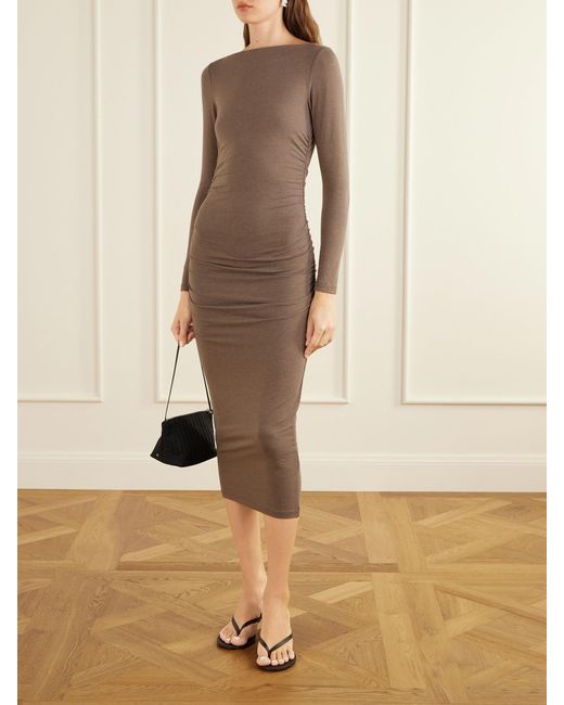 James Perse Natural Ruched Gathered Cotton-Blend Midi Dress