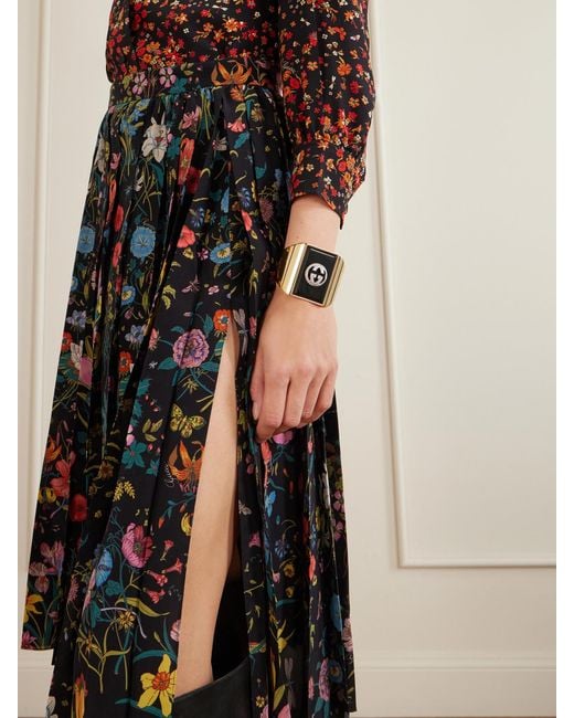 Gucci Black Pleated Printed Silk Skirt