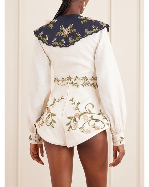 Agua Bendita Blue Cumbre Floral-Embroidered Appliquéd Tiered Linen Shirt