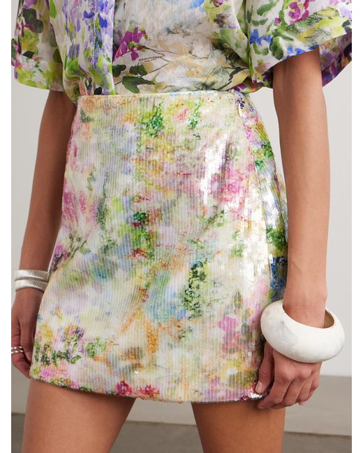 Aje. Metallic Dahlia Floral-Print Sequined Mesh Mini Skirt