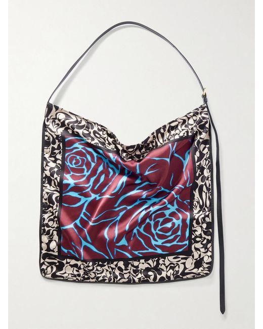 Dries Van Noten Blue Leather-Trimmed Printed Satin Tote