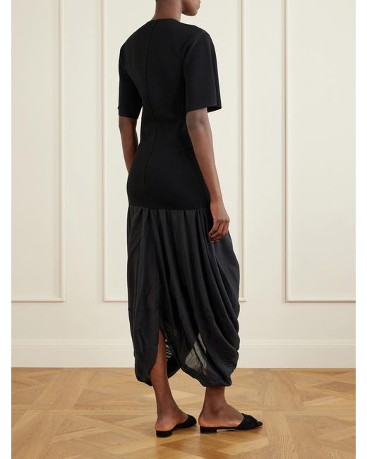 Totême Black Cocoon Draped Voile-Paneled Knitted Midi Dress