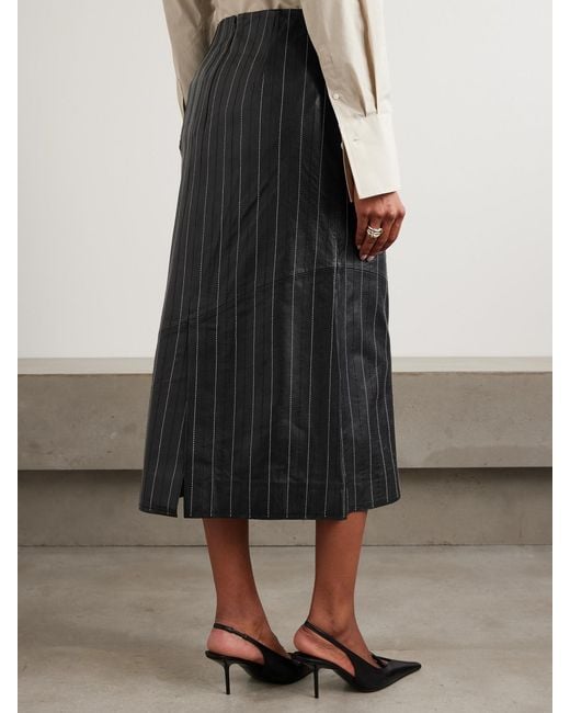 Victoria Beckham Black Paneled Embroidered Pinstriped Leather Midi Skirt