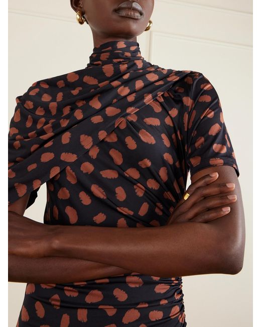Johanna Ortiz Black Serene Safari Gathered Printed Jersey Midi Dress