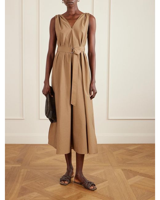 Brunello Cucinelli Natural Belted Cotton-Blend Poplin Midi Dress