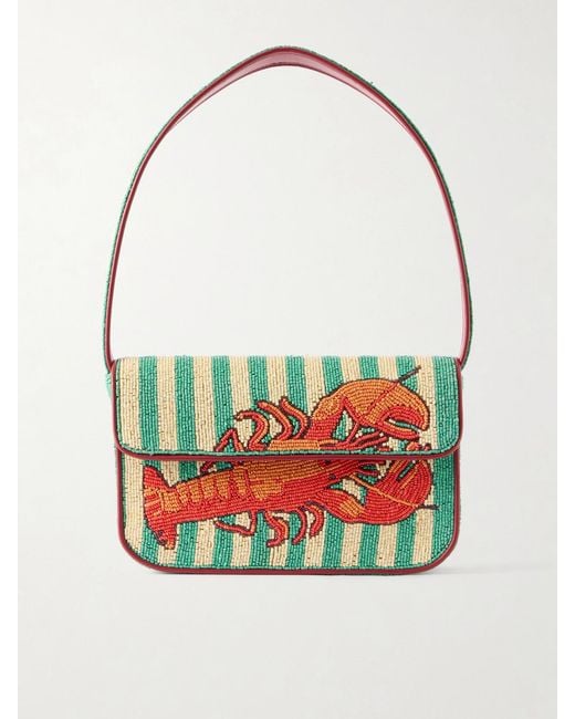 Staud Gray Tommy Bead-Embellished Leather-Trimmed Satin Shoulder Bag