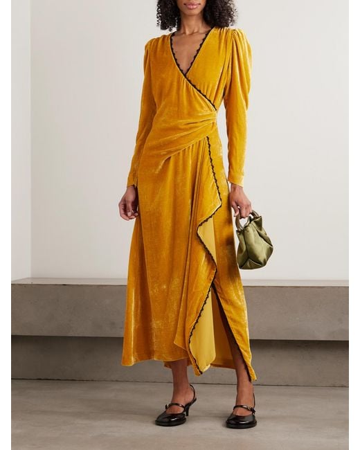LaDoubleJ Yellow Wrap-Effect Draped Lace-Trimmed Velour Maxi Dress