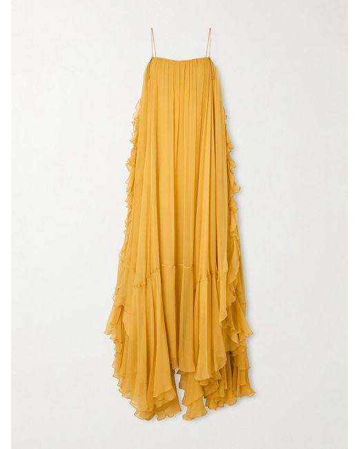 Chloé Yellow Asymmetric Embellished Ruffled Organic Silk-Crepon Gown