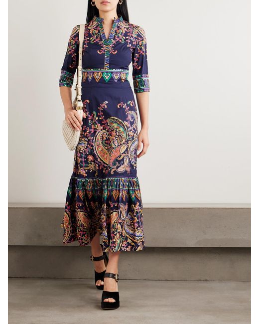 Etro Blue Ruffled Tiered Paisley-Print Cotton Maxi Dress