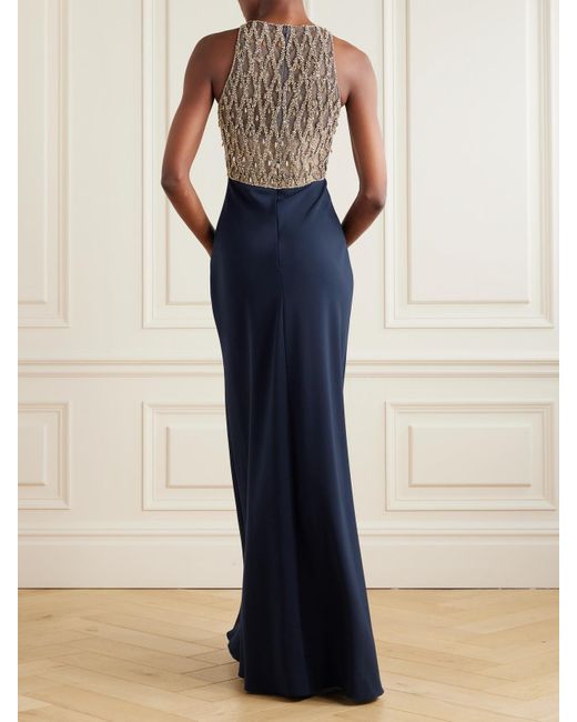 Jenny Packham Blue Dewdrop Crystal-Embellished Tulle-Trimmed Crepe Gown