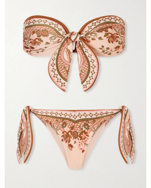 Zimmermann Brown Aster Strapless Knot-Detailed Printed Bikini