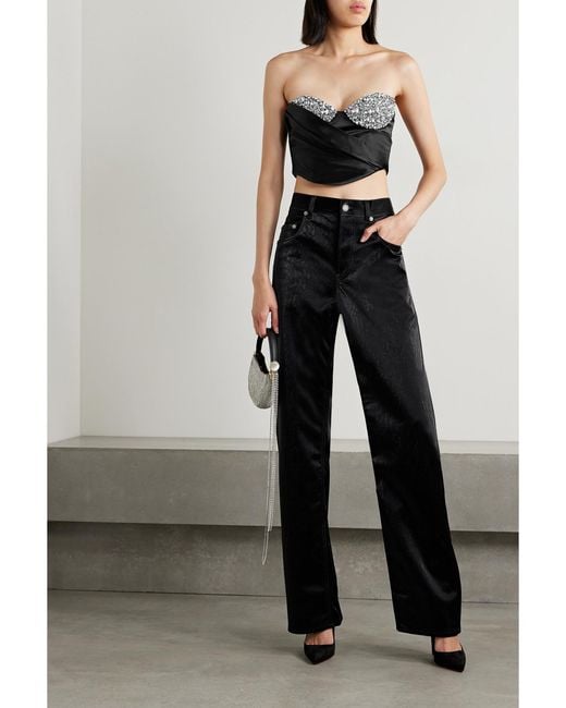 Area Black Verkürztes Bustier Satin Mit Kristallen Und Falten