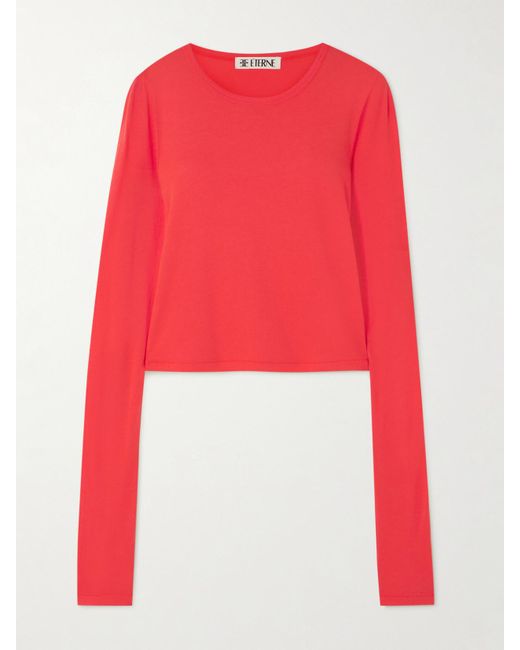 ÉTERNE Red Long Sleeve Baby Tee Cotton And Modal-Blend Jersey T-Shirt