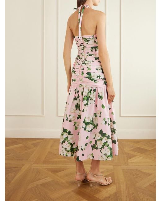 Carolina Herrera White Floral-Print Ruched Cotton-Blend Maxi Dress