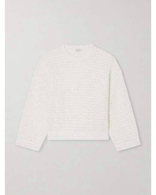 Brunello Cucinelli White Open Linen-Blend Knit Sweater