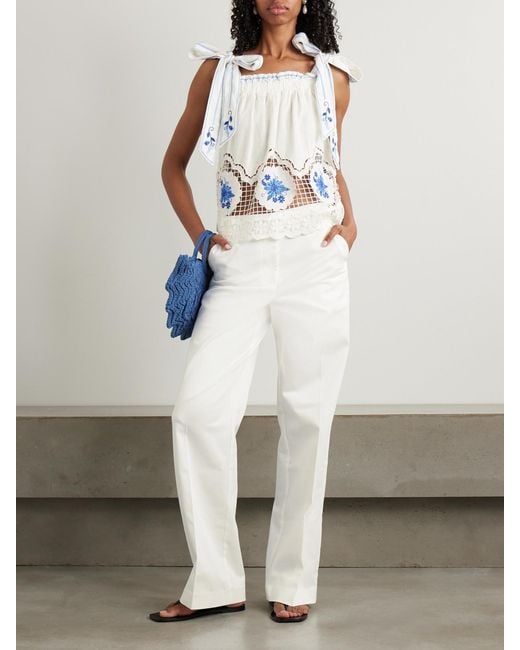 Farm Rio Blue Daisy Embroidered Linen-Blend Gauze And Lace Top
