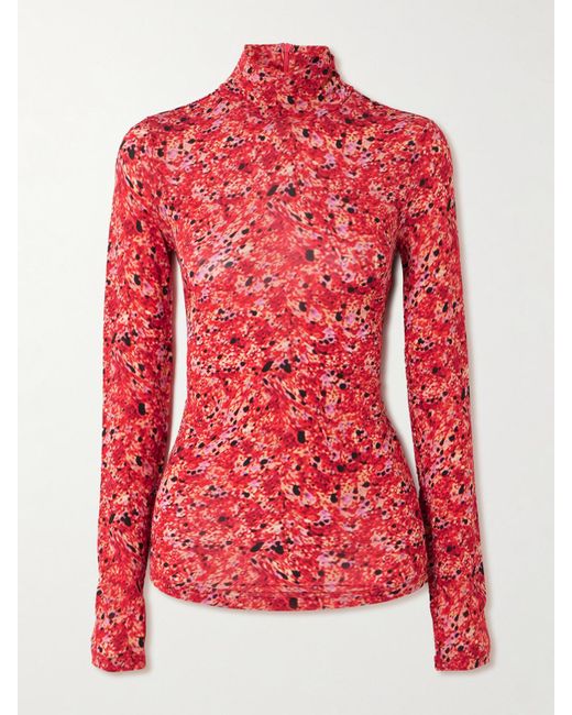 Isabel Marant Red Joyela Stehkragenoberteil Aus Bedrucktem Stretch-Mesh