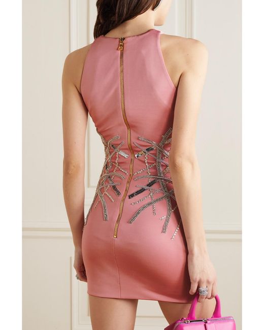 Balmain Pink Embellished Stretch-Knit Mini Dress
