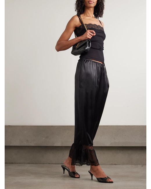 Saint Laurent Black Ruffled Lace-Trimmed Silk-Satin Wide-Leg Pants