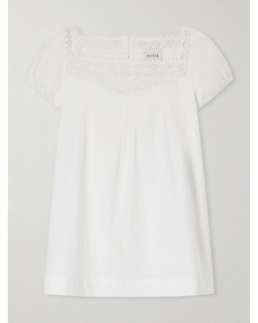 Posse White Veda Broderie Anglaise-Trimmed Organic Cotton-Poplin Top