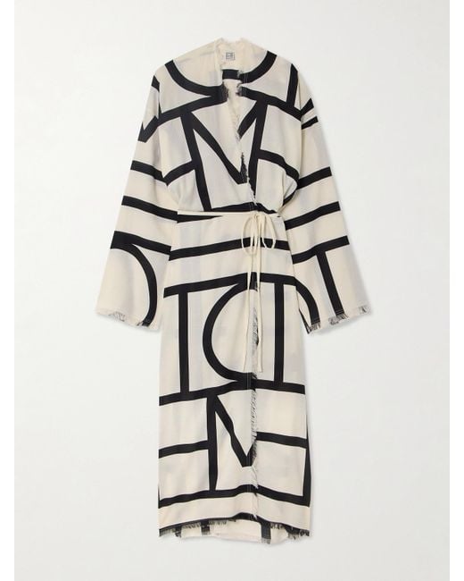 Totême  White Belted Frayed Printed Organic Cotton Wrap Dress