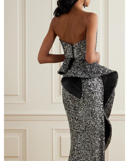 Maticevski Metallic Indiscreet Wave Strapless Asymmetric Ruffled Sequined Tulle Top