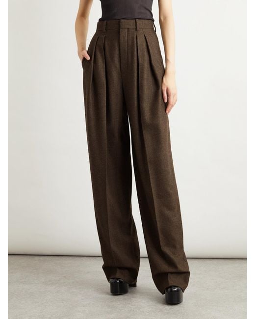 Saint Laurent Brown Hose Mit Weitem Bein Aus Wolle Mit Fischgratmuster Und Falten