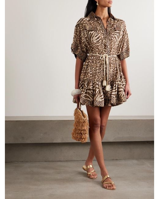 Zimmermann Brown Wanderlust Lantern Belted Printed Cotton Mini Dress