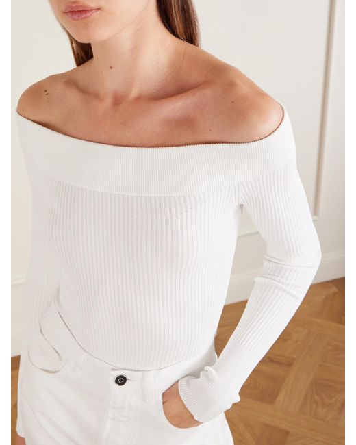 Alaïa White Off-The-Shoulder Ribbed-Knit Bodysuit