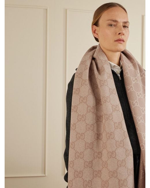 Gucci Natural Fringed Logo-Jacquard Metallic Cashmere-Blend Scarf
