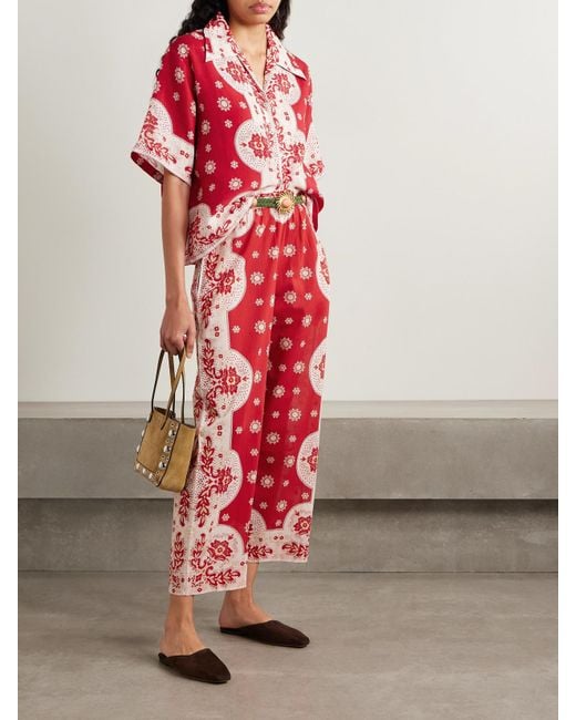 Alix Of Bohemia Red Otto Cropped Bandana-Print Cotton-Voile Wide-Leg Pants
