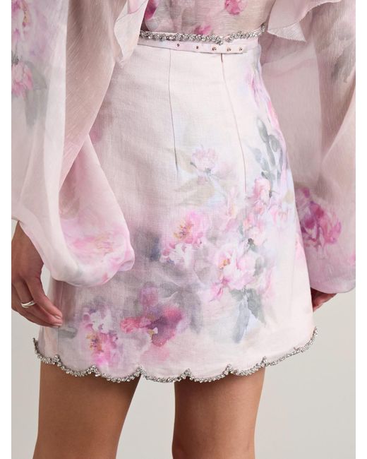 Zimmermann Pink Crush Minirock Aus Leinen Mit Blumenprint Und Kristallen