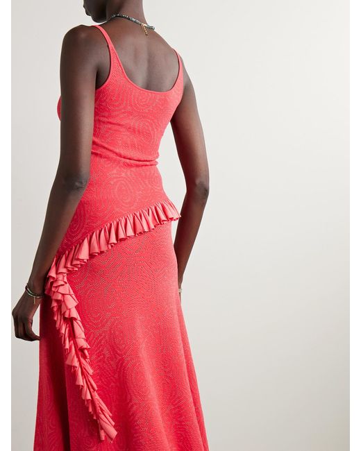 Ulla Johnson Red Kendra Asymmetric Ruffled Two-Tone Pointelle-Knit Tank