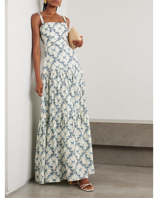 Agua Bendita White Lima Gloriosa Tiered Faux Pearl-Embellished Printed Linen Maxi Dress
