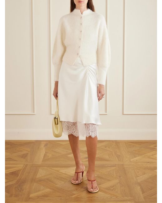 Sir White Ingrid Layered Gathered Lace-Trimmed Satin Midi Skirt