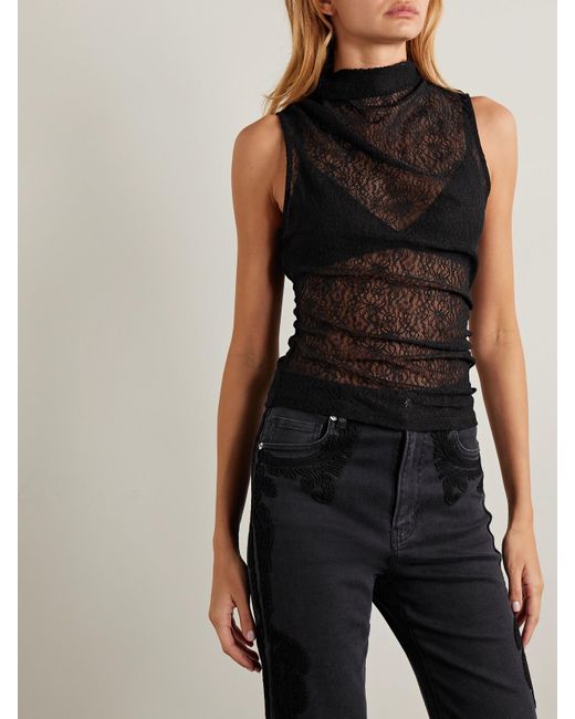 Veronica Beard Black Mylie Ruched Stretch-Lace Turtleneck Top