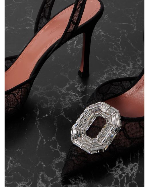 AMINA MUADDI Black Camelia Crystal-Embellished Lace Slingback Pumps
