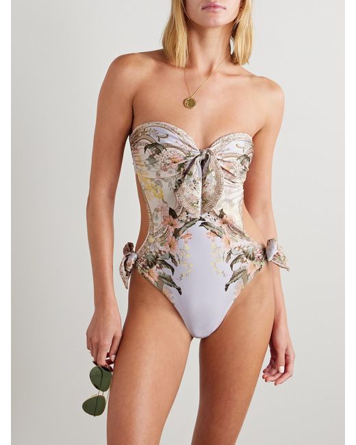 Zimmermann Natural Wylie Strapless Cutout Tie-Detailed Printed Swimsuit