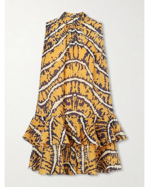 ALÉMAIS Metallic Ripple Tiered Printed Ramie Mini Dress