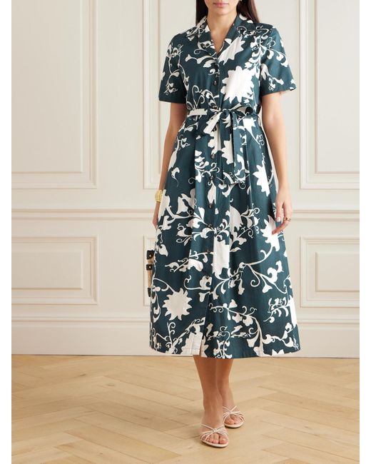 Emporio Sirenuse Blue Claudia Belted Pleated Floral-Print Cotton Midi Dress