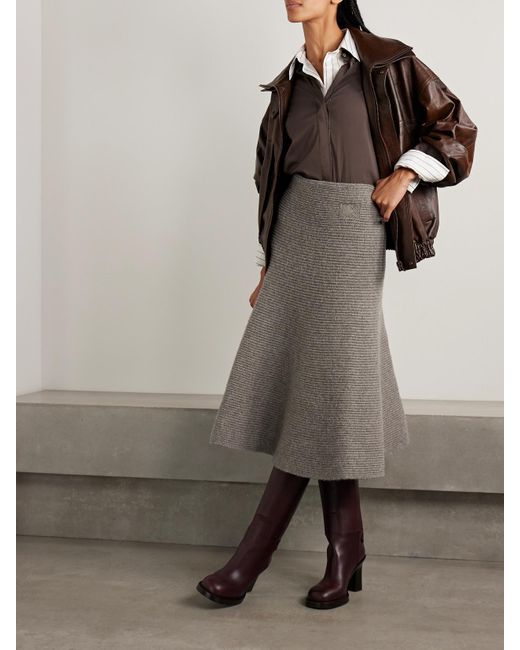 Burberry Gray Ribbed Wool-Blend Midi Skirt