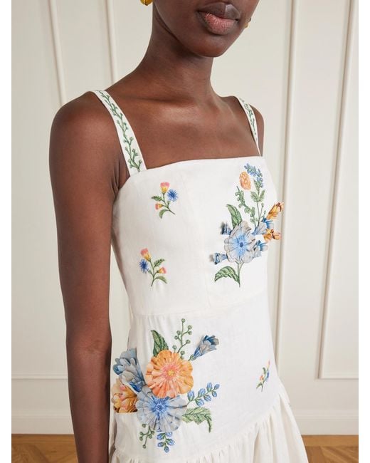 Agua Bendita White Lima Brisa Floral-Embroidered Linen Maxi Dress